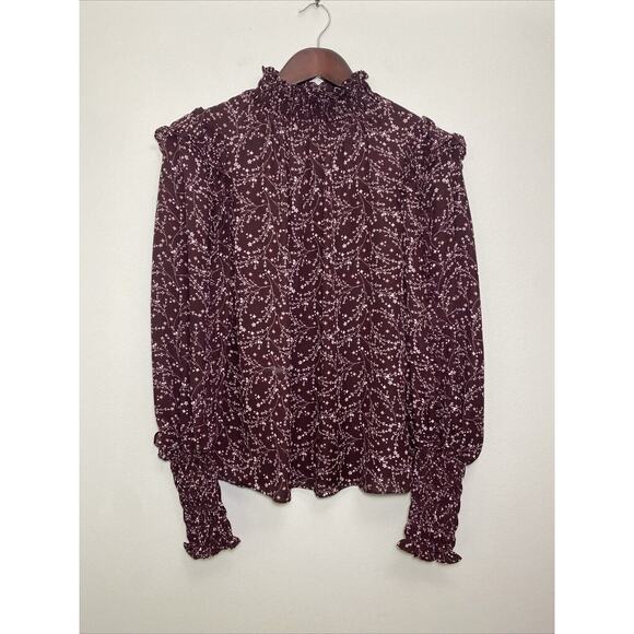 Max Studio Size Medium Ruffle Blouse Smocked Neck & Sleeves In Burgundy Boho - Picture 2 of 13